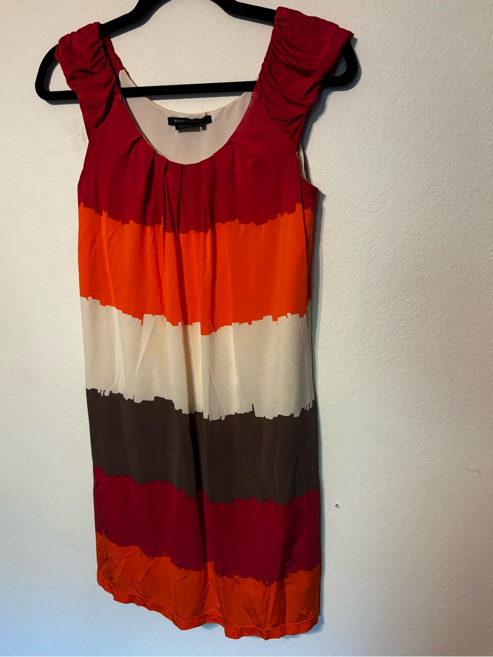 BCBGMaxAzria Color Block Stripe Mini Dress XS Red Orange Ruched Cap Sleeve